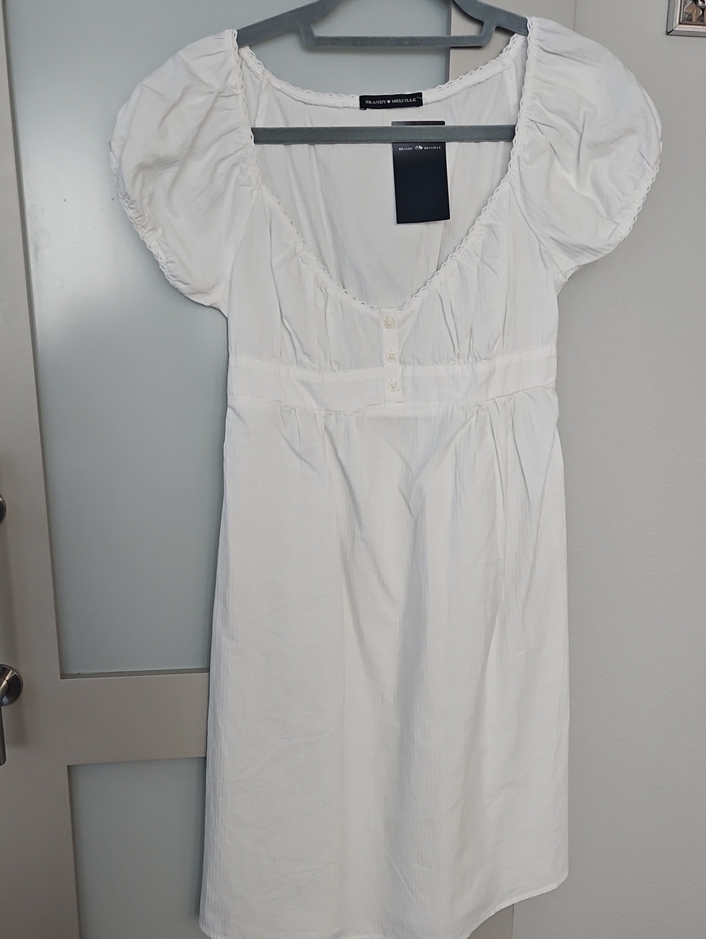 Brandy Melville White Puff-Sleeve Midi Dress